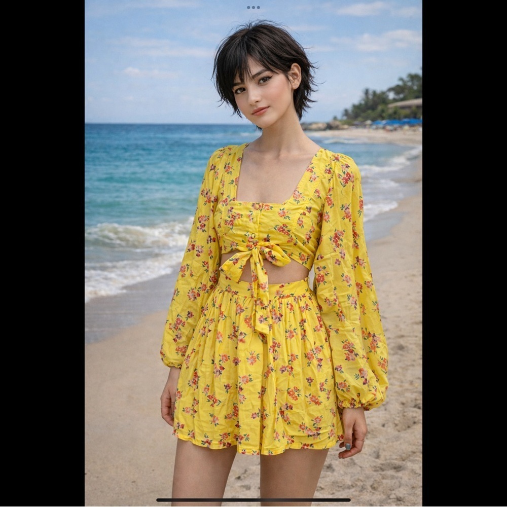 Reclaimed Vintage Yellow Floral Two-Piece Crop Top & Mini Skirt Set Y2K